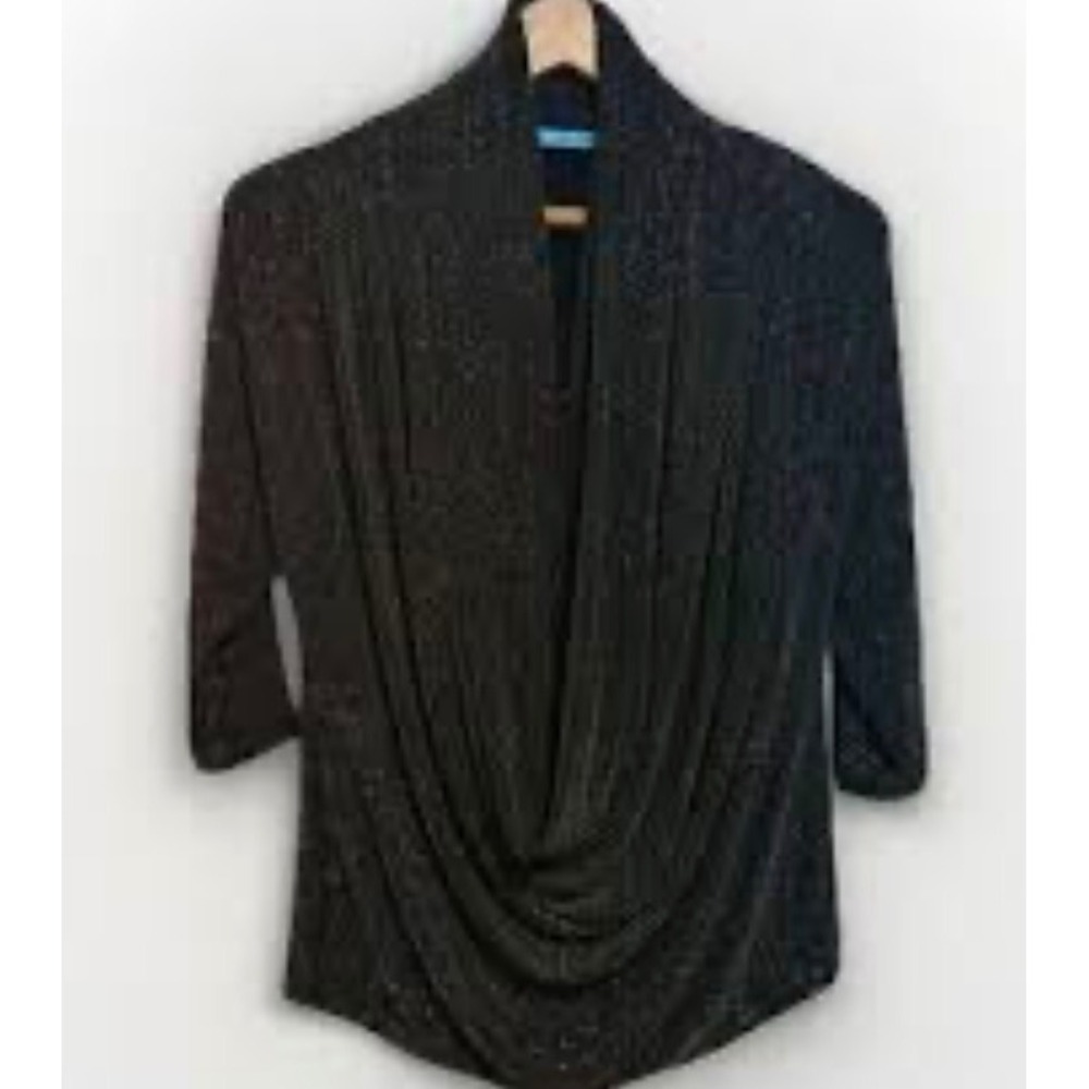 Alice + Olivia Metallic Gold Black Drape Cowl Neck Top C110921303 3/4 Sleeve